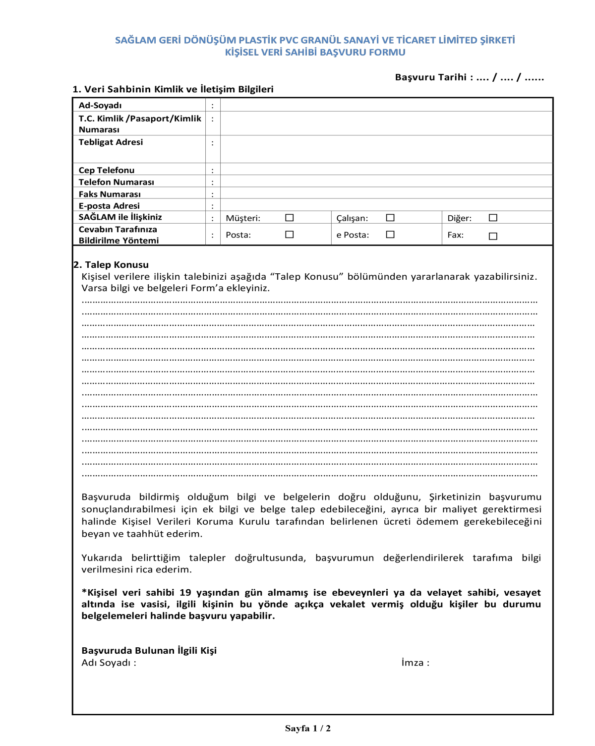 Kişisel Veri Sahibi Başvuru Formu